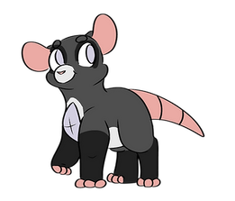 A grey kit with pink ears, tail, and nose is smirk and looking over their shoulder. A large crystal sits in the middle of their chest.