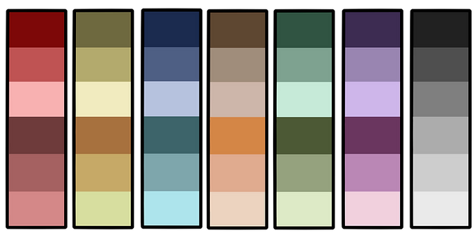 There are seven color palettes with six colors each. From left to right: Shades of red, Shades of yellow, shades of blue, shades of brown and orange, shades of green, shades of purple, and lastly shades of dark grey to very light grey. 