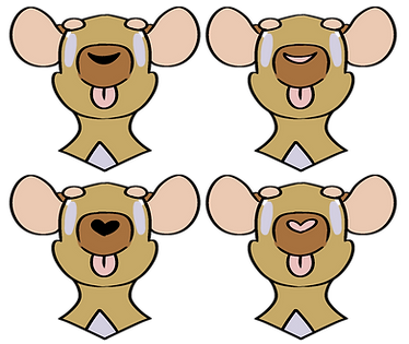 Four matching kit heads depict the two kit nose types: Heart and Cresent shape, and the two color choices: black and pink. The kit's tongues are sticking out. They are all pink.