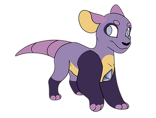 A kit is standing and is warily looking over it's shoulder. It is various shades of purple with a yellow stomach.